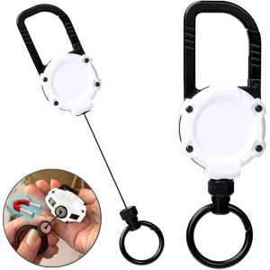 強力マグネット内蔵型 金属ワイヤー採用 1キロまで耐久 リールキーホルダー カナビラ カラビナ リング フック フィッシング(ホワイト)