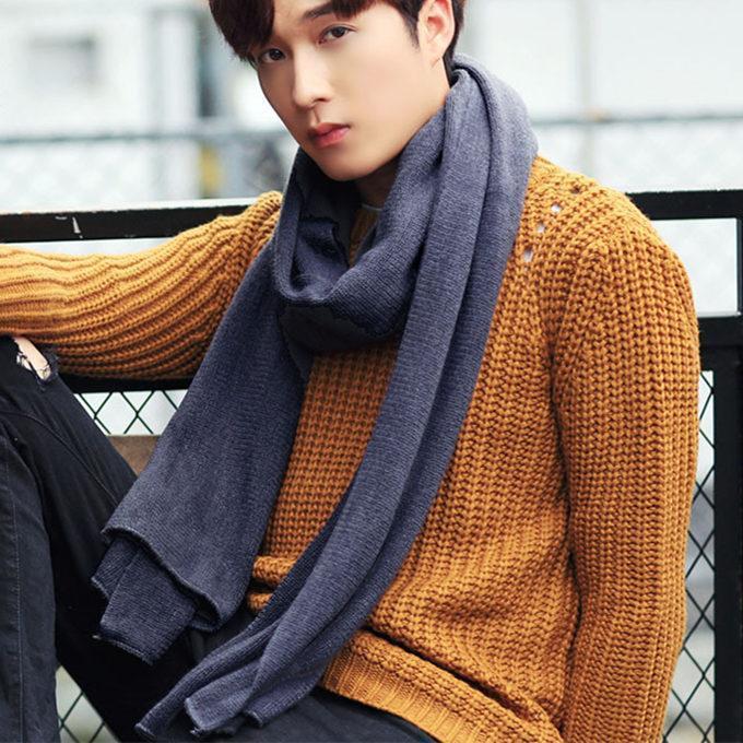 マフラーロングマフラーストールロング無地膨らみ厚手ユニセックス春秋ブラックダークグレーネイビーラ+C383 - 画像 (2)