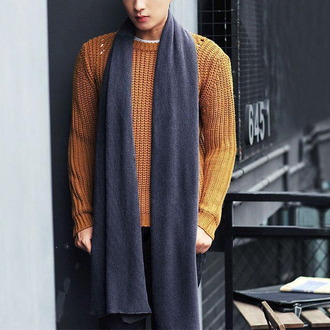 マフラーロングマフラーストールロング無地膨らみ厚手ユニセックス春秋ブラックダークグレーネイビーラ+C383 - 画像 (5)