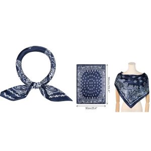 Elerevyo スクエアスカーフ 女性 サテン 90x90cm シルクのような ヘアスカーフバンダナ 紺