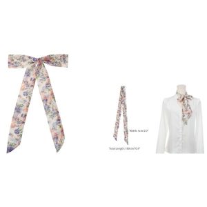 Elerevyo スカーフ 女性 花柄シフォンスカーフ スクエアネックスカーフ ネッカチーフ スキニー ロングリボン ヘアバンド ロングホワイト1 1