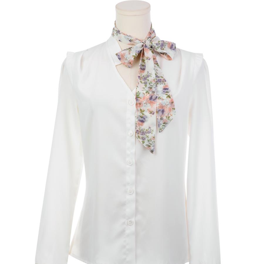 Elerevyo スカーフ 女性 花柄シフォンスカーフ スクエアネックスカーフ ネッカチーフ スキニー ロングリボン ヘアバンド ロングホワイト1 1 - 画像 (2)