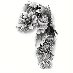 タトゥーシール 白鶴と蓮 刺青シール 和柄 フェイクタトゥー 約 18cm×28cm 腕 肩 リアル和彫 防水・耐久性あり！ (BJ-17)